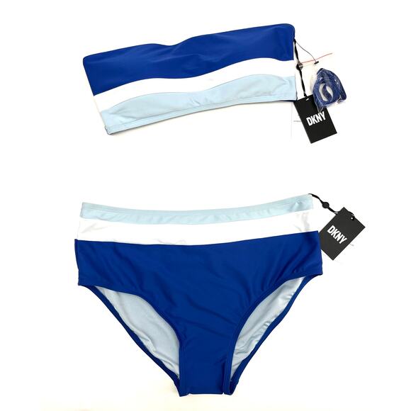DKNY Bandeau Blue Swim Top & High-waist Bikini Set Large / XL NWT - Picture 3 of 5